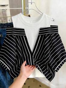 Conjunto de vacaciones para mujer con camisa a rayas de dos piezas falsa - Blanco y Negro - Ver 5