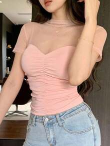 Blusa corta de manga corta de malla transparente elegante y ajustada para mujer, con parches de lunares de malla, ideal para primavera y verano, de uso versátil para San Valentín, boda, fiesta, banquete - Rosa 2 - Ver 5