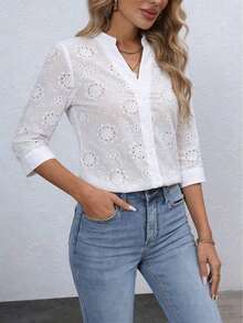 Blusa de mujer con bordado floral y cuello con muesca, manga 3/4.Tops de manga tres cuartos - Blanco 3 - Ver 3