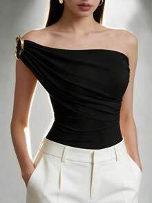 Top de tirantes casual y ajustado con decoración de hombro oblicuo para mujer - Negro - Ver 6