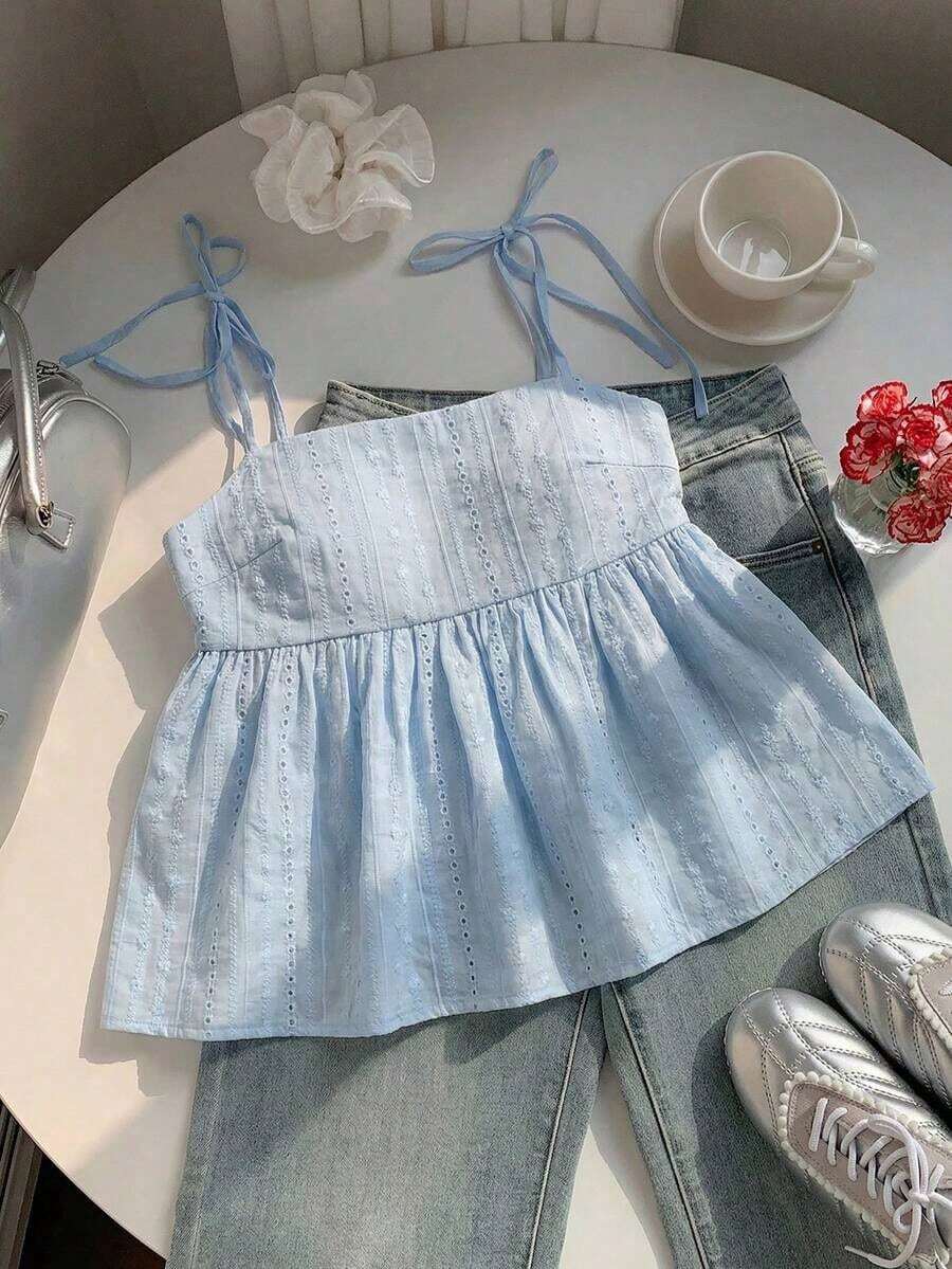 Camiseta de tirantes con lunares tejidos en blanco para mujer - Azul 3 - Ver 1