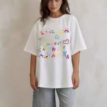 Camiseta de manga corta de algodón para mujer, talla grande, estilo europeo y americano, moderna, holgada, con estampado de letras, para verano. - Negro - Ver 5