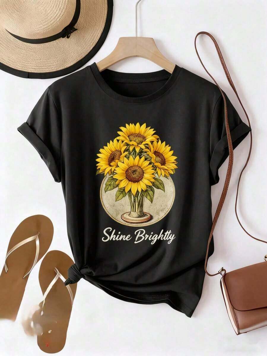 1 Pieza de Ropa de Otoño para Mujer con Diseño de Jarrón de Girasoles y "Shine", Ropa Casual Deportiva de Cuello Redondo, Moda Casual Diaria, Ropa de Invierno para Mujer, Regalo de Navidad, Ropa Navideña - Negro - Ver 1