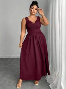 Elenzya Vestido línea A con cuello en V, contraste de encaje, tirantes finos y abertura para tallas grandes - Burdeos - Ver 4