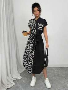 Vestido casual y elegante para el trabajo, vacaciones y viajes, con estilo antiguo, estampado de leopardo, botones delanteros, cinturón con moño, bolsillo, aberturas laterales, contraste de tejido, manga corta, nuevo para el verano 2025 - Gris 2 - Ver 6