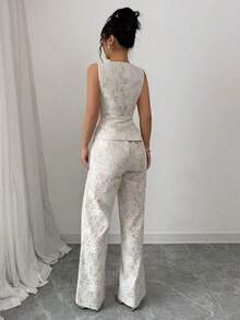 Elenzya Nuevo traje de encaje casual y elegante para mujer, con contraste de color de encaje y botones de perla, adecuado para el Día de San Valentín, Halloween, vuelta al colegio, primavera/verano, traje de oficina profesional, atuendo de maestra, trayecto, ocio, vacaciones - Beis - Ver 2