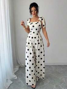 Mono con hombros con lazo, estampado de lunares, volantes, elegante y vintage, para mujeres, ideal para festivales de música, vacaciones y uso diario - Blanco y Negro - Ver 6