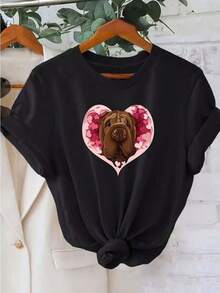 Women'S Fashion Round Neck Short-Sleeved T-Shirt  Spring And Summer Four Seasons Street Style Light Luxury Pattern Printing Literary Woman Commuting Work Clothes Element Holiday Party Clothes Animal Letter Pattern Popular T-Shirt Cute Black And - Black - View 1