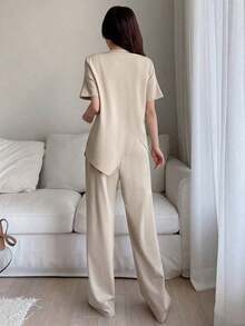 1 Conjunto de Camiseta de Manga Corta Asimétrica y Pantalones Casuales de Pierna Ancha para Mujer, Conjunto de Dos Piezas para Mujer - Albaricoque - Ver 2