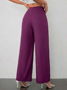 Pantalones anchos de cintura alta con textura, de estilo simple y casual, apropiados para la vuelta al cole y para uso diario - Rojo violeta - Ver 2