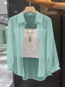 Blusa minimalista de unicolor transparente con cuello vuelto, blusas de manga larga - verde menta - Ver 1
