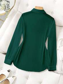 Blusa minimalista de unicolor transparente con cuello vuelto, blusas de manga larga - verde oscuro - Ver 2