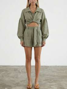 Women's Solid Color Drop Shoulder Long Sleeve Shirt And Shorts Casual Set - Khaki - View 3