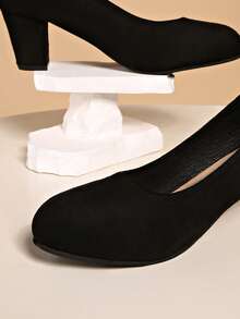 Women's Solid Color High Heels, Round Toe Design, Comfortable, Slip-On, Fashionable And Versatile - Black - View 6