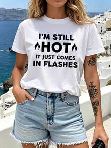 Camiseta para mujer Sigo siendo , viene en destellos - Top divertido con eslogan, manga corta y cuello redondo compatible con blusa |   Ropa casual de primavera y verano, elasticidad media, no camiseta, adecuada para fiestas, vacaciones y atuendos diarios - Blanco - Ver 6