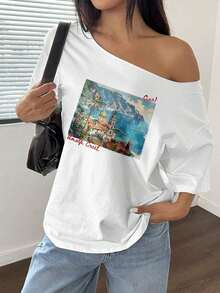 Camiseta de manga corta  para mujer, holgada, con hombro asimétrico, diseño de paisaje urbano, estilo oversize, para verano y ocio. - Blanco - Ver 2