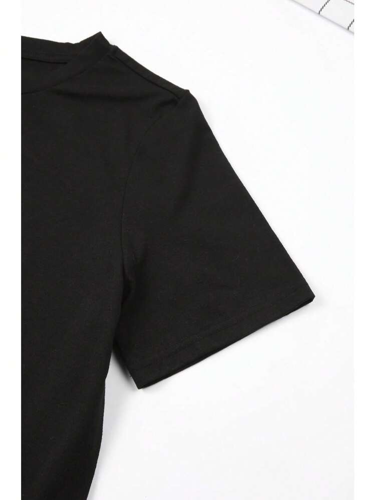Soft Fabric T-Shirt With Print, Round Neck, Short Sleeve, Casual Style, For Spring And Summer, Fashionable T-Shirt For Women. - 黑色 - 查看 4