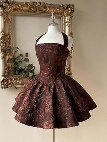 Vestido elegante, romántico y de moda de tela jacquard burdeos con escote halter, espalda descubierta y manga larga en corte evasé, adecuado para ceremonia de graduación, apertura de escuela, festival de música, fiesta de cumpleaños, boda, té de la tarde, baile de graduación - Café integral - Ver 7