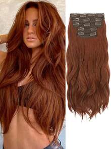 Juego de extensiones de cabello ondulado de 20 pulgadas en capas de color morado profundo-rojo, adecuado para mujeres, incluye 5 pinzas de cabello rojas, que presenta un accesorio de cabello sintético esponjoso y suave de color morado profundo-rojo - Multicolor - Ver 14