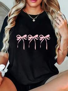 Camiseta de manga corta con cuello redondo para mujer de talla grande, transpirable y cómoda, estilo casual en talla S, con un exquisito estampado de lazo, camiseta con lazo moderna y versátil - Camiseta de manga corta de algodón holgada unisex estilo vintage para mujer. blusas.blusas casuales para dama. - Negro - Ver 6