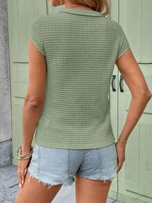 Camiseta de punto de gofre de cuello en V sólido, de manga corta, casual para primavera y verano - Verde - Ver 2