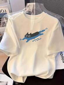 Camiseta de manga corta suave para mujer, estilo universitario urbano, con lindo estampado de animales coreanos, con etiqueta de talla, cómoda para deportes diarios y  de moda, Playera de manga larga para mujer - Lavable a máquina - Blanco - Ver 7