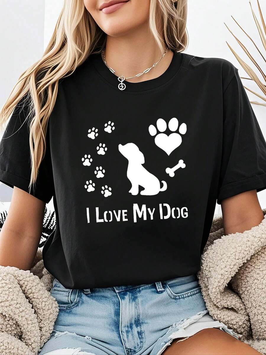 Camiseta manga corta cuello redondo 100% algodón, estampado trendy, tejido ligero y ventilado, estilo moda casual, apta para vida diaria, salidas informales y citas en primavera, verano y otoño - Negro - Ver 1