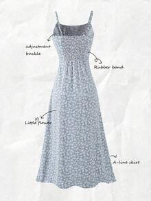 Vestido largo con estampado floral diminuto y abertura lateral para mujer - Celeste 2 - Ver 2