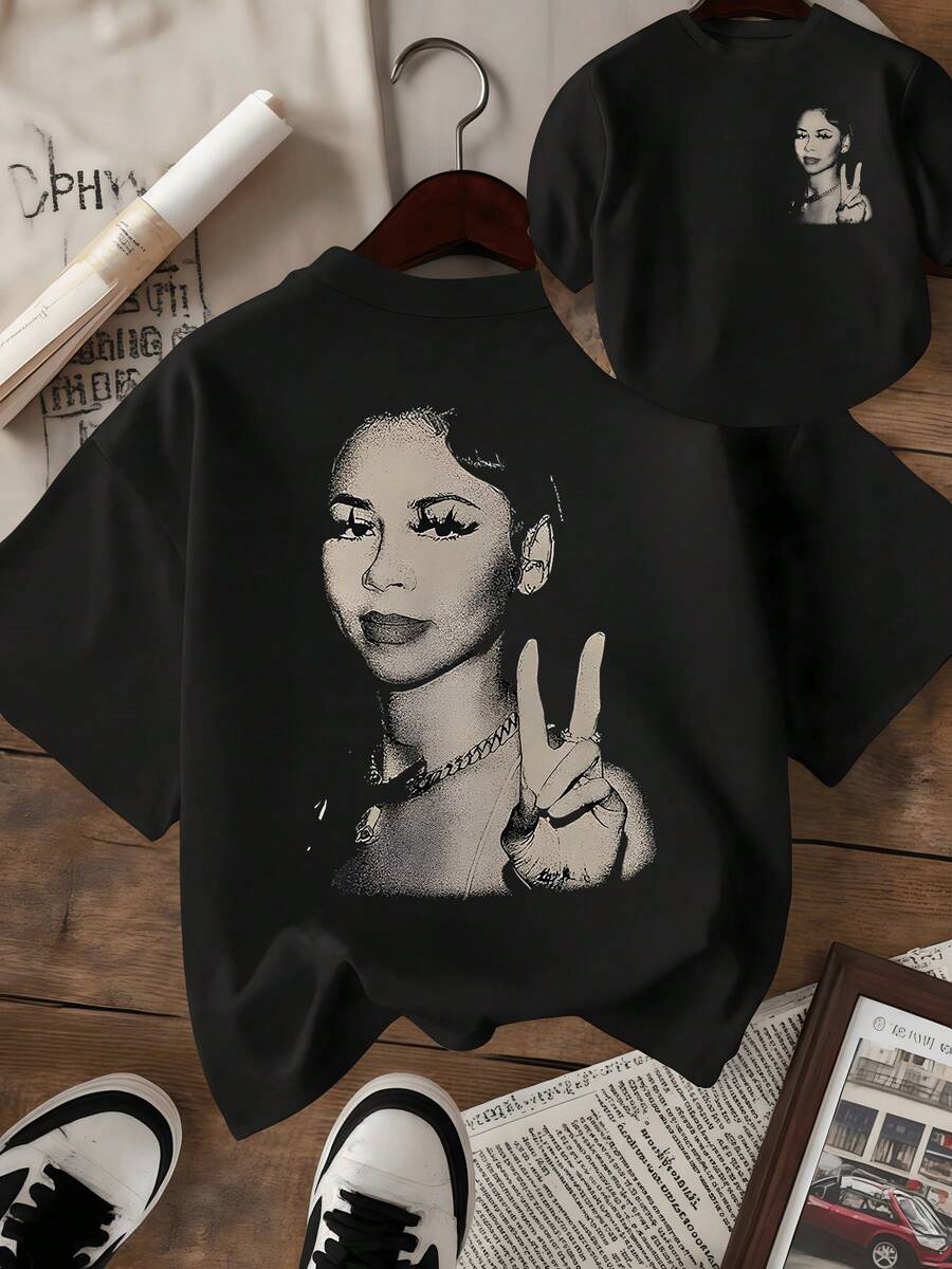 Símbolo de libertad y energía positiva con gesto de paz y fuerza interior reflejada en trazos artísticos minimalistas que inspiran confianza camiseta de mujer estampado doble casual moderna cómoda para uso diario - Negro - Ver 1