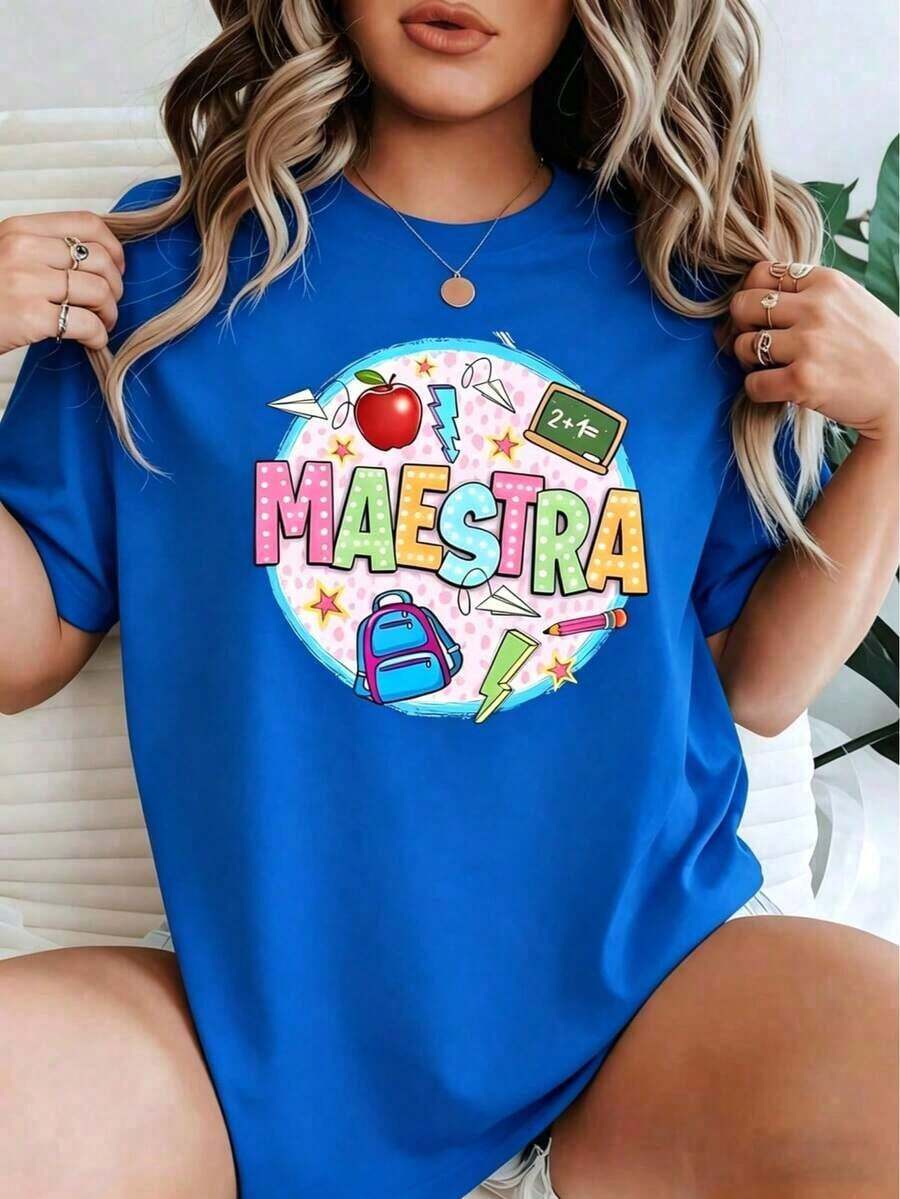 Short-Sleeve Graphic Tees Colorful Print With The Word TEACHER Surrounded By Apple, Chalkboard, Backpack, Pencil, Stars And Learning Symbols That Celebrate Educational Dedication. Women's T-Shirt, 100% Cotton, Comfortable And Creative. - 藍色的 - 查看 1