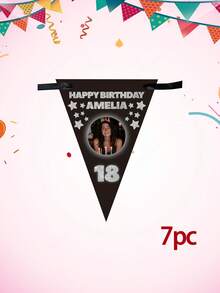 Bandeirola de aniversário personalizada com foto e texto, bandeirinha triangular personalizada com nome e idade, decoração para festa de aniversário de 18/21/30 anos, bandeirinha triangular preta com estrelas brilhantes, decoração para festa de aniversário. - Multicolorido - Ver 13