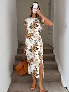 Vestido midi sin mangas con abertura alta, estampado elegante de lazo a rayas rosa, estilo minimalista casual; Vestido de punto de textura casual ajustado para mujer; Conjunto de fitness para mujer; Vestido de invitada de boda para mujer; Atuen - Multicolor 9 - Ver 1