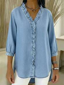 Camisa unicolor con volantes y mangas farol de tul, estilo elegante primavera 2026 - azul claro - Ver 5