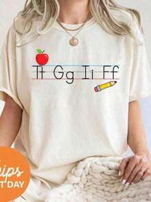 1 pieza de camiseta de maestra TGIF, camiseta de maestra de jardín de infantes, camisetas divertidas de maestra, regalo de Navidad para maestra, regalo de agradecimiento para maestra, camiseta de alfabeto, camiseta de algodón 100% de manga corta clásica, camiseta gráfica impresa, top casual de manga corta para mujeres, camiseta de patrón de algodón 100% cómoda, 180g, 100% algodón, los patrones están todos impresos. Unisex. - Blanco - Ver 1