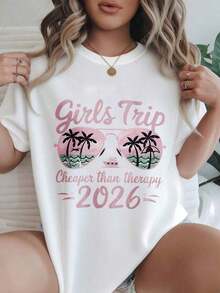 Camiseta Casual Estampada de Moda para Mujer 2026: Viaje Vintage en Grupo Más Barato que la Terapia, Adecuada para Todas las Temporadas  
 -BlackFashion - Blanco - Ver 7