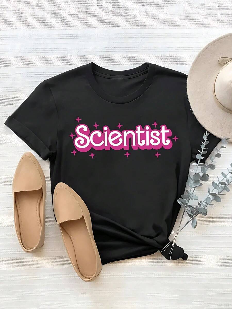 Playera de mujer de algodón puro con estampado Scientist", cuello redondo, estilo casual, suave, transpirable, ideal para verano, moda diaria cómoda y moderna - Negro - Ver 1