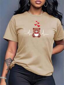1 Pieza de Ropa Casual de Moda para Hombres y Mujeres. 1 Pieza de Camiseta de Manga Corta para Mujer con Estampado de Oso y Corazón - Blusa Casual de Cuello Redondo, y Opciones Multicolor (Según se muestra). |   Camiseta de verano y uso diario lavable a máquina para oficina, vacaciones, uso cotidiano - Tela de elasticidad media adecuada para - Camiseta casual de mujer de 180g - 100% algodón - Prenda básica de vestuario fácil de combinar. - Albaricoque - Ver 6