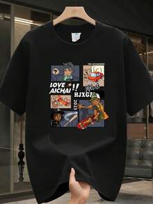 Heavy Cotton Printed Short-Sleeved-Shirt Men's Summer New Casual Large-Size Loose Versatile Top - 黑色 - 查看 7