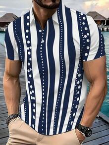 Men's Vacation Casual Three-Button Polo Shirt, Old Money Style, Men's Casual Everyday Wear. Blue And White Vertical Stripes With Dotted Accents This Short-Sleeved Casual Polo Shirt Features A Button-Down Collar And Is Suitable For Vacations And - Phong cách - Xem 1