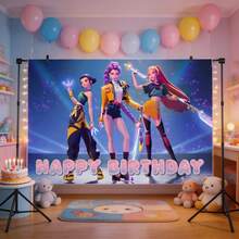 1 pieza Fondo de fotografía de cumpleaños K-Pop D-Emon H-Unters Suministros de decoración para fiestas [Los estilos se envían al azar.] - Multicolor - Ver 3