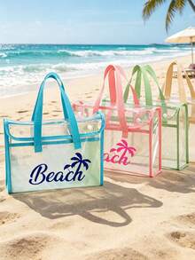 PVC防水海灘包，彩色「Beach」圖案，搭配同款化妝包、盥洗包，女款海灘包，透明托特包，果凍托特包，大容量泳池手提包，郵輪度假必備，海灘包配件，旅行必備，適用於海灘、旅行、購物、戶外活動、工作、學校及日常使用，獨特生日禮物、節日禮物、派對禮物、母親節禮物、度假禮物、婚禮禮物、開學禮物 - 彩色 - 查看 3
