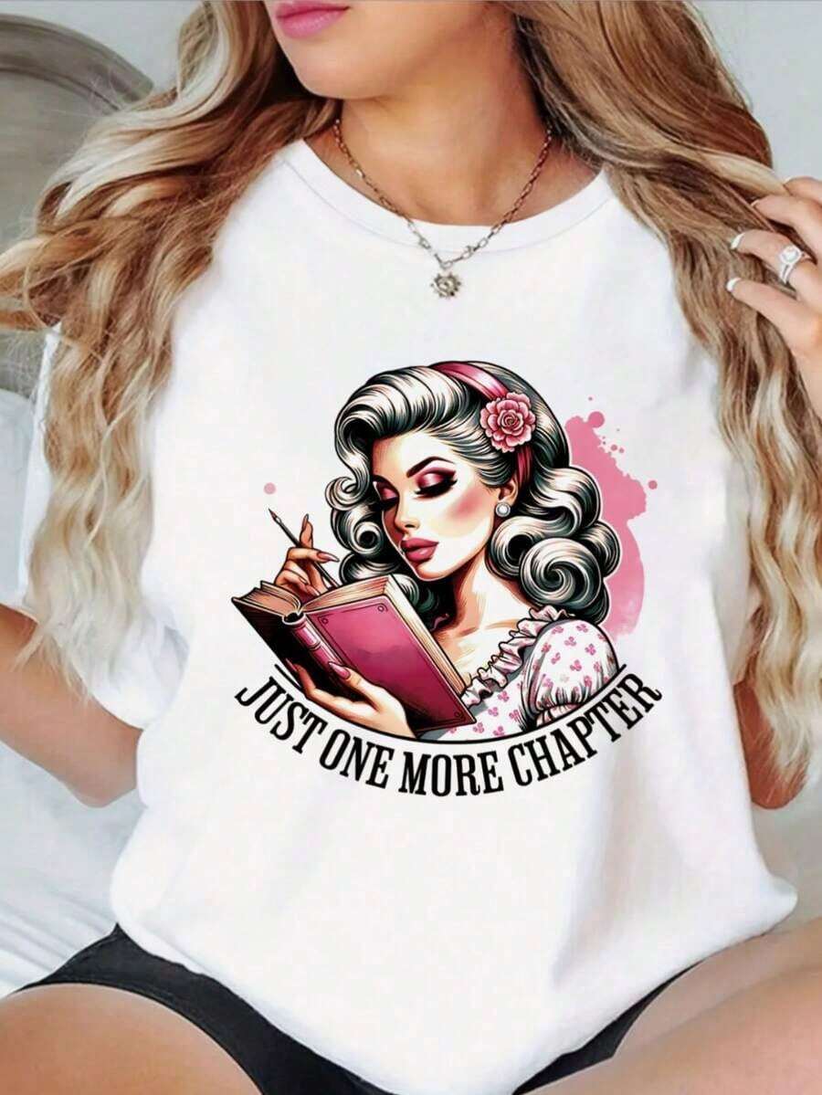 Camiseta de algodón puro para mujer, estilo casual, con cuello redondo, con un estampado gráfico de libro de "Just One More Chapter", patrón geométrico, manga corta, corte regular, ligeramente elástica, perfecta para fiestas de verano y estilo diario, camiseta gráfica de uso casual, textura suave. - Blanco - Ver 1
