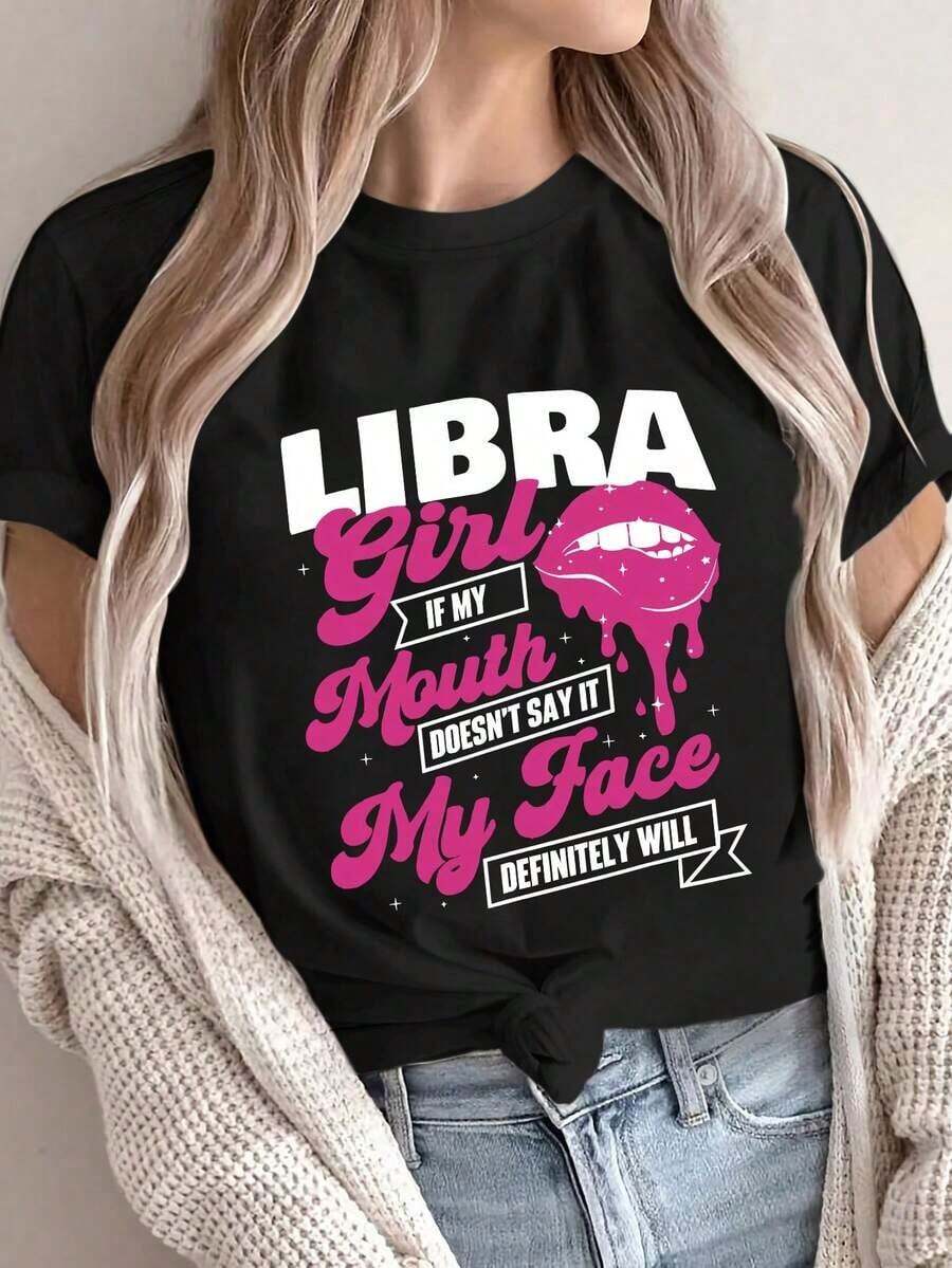 Camiseta de manga corta con cuello redondo y estampado de letras, estilo europeo y a la moda, para mujer. - Negro - Ver 1