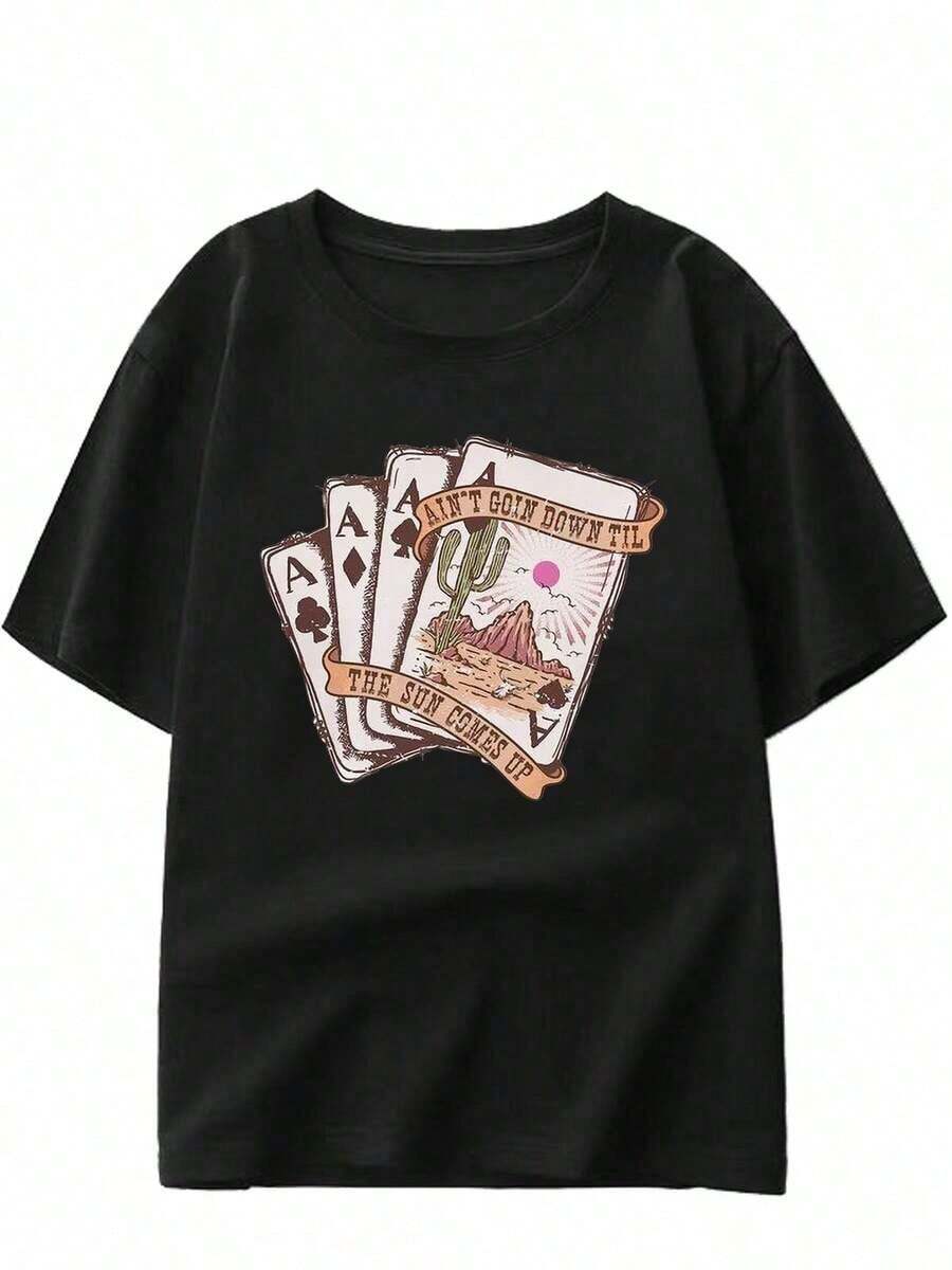 Solt Traceable Cotton Camiseta de manga corta de algodón puro para mujer con estampado de cactus del desierto occidental, cuello redondo, modelo T30 con diseño de personalidad. - Negro - Ver 1