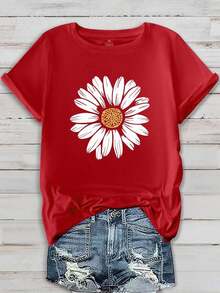 1pscEMERY ROSE Camiseta Casual de Manga Corta con Estampado Floral para Mujer Talla Grande, Camiseta con Cuello Redondo y Diseño Floral para Mujer, Camisetas Gráficas para Mujer, 100% Algodón. - Rojo - Ver 1