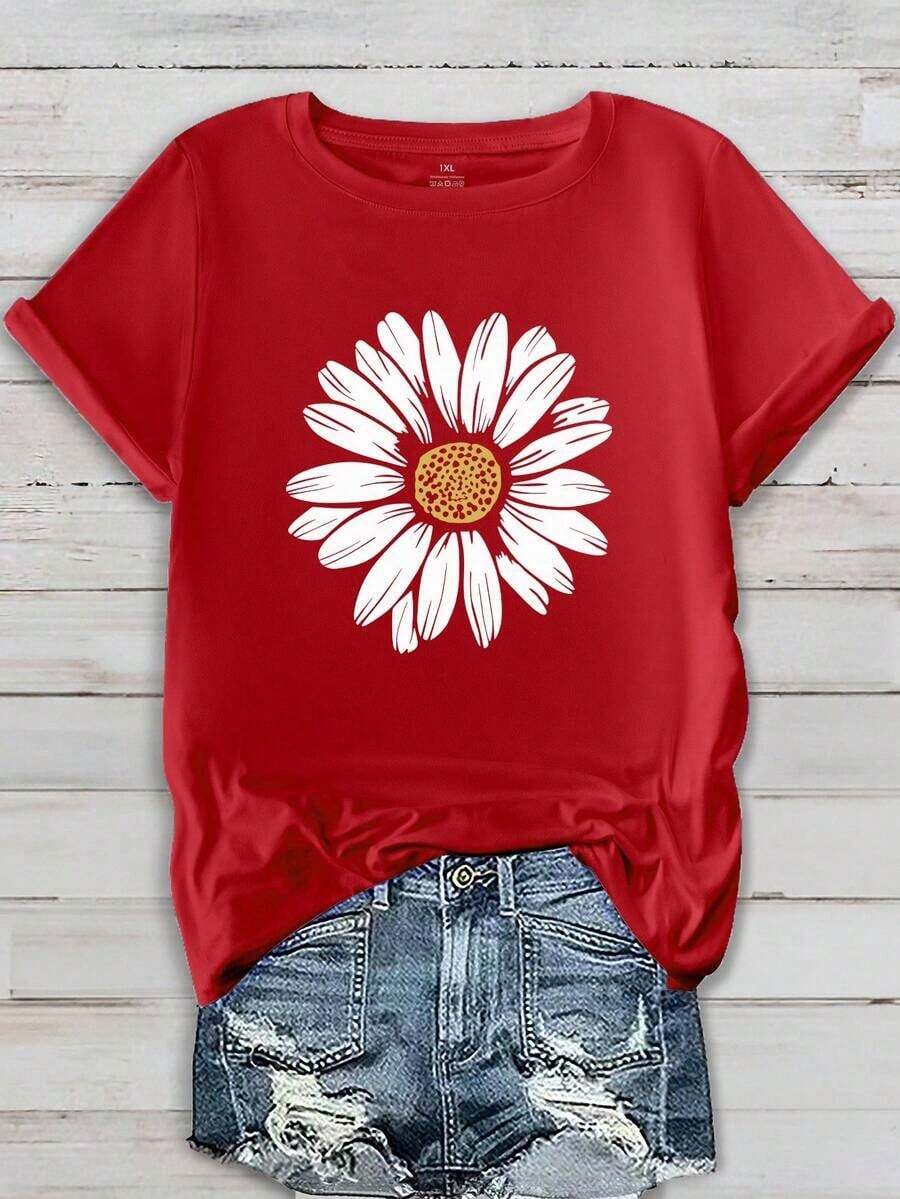 1pscEMERY ROSE Camiseta Casual de Manga Corta con Estampado Floral para Mujer Talla Grande, Camiseta con Cuello Redondo y Diseño Floral para Mujer, Camisetas Gráficas para Mujer, 100% Algodón. - Rojo - Ver 1