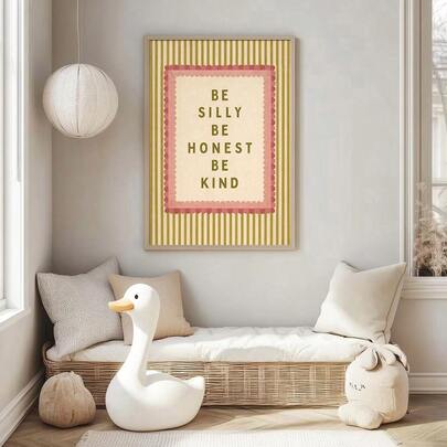 1pc Framed/Unframed Be Silly Be Honest Be Kind Motivational Canvas Poster Cute Striped Pink Nursery Quote Preppy Wall Art Print Minimalist Baby Girl Room Decor Scroll Painting For Playroom,Kids Room,Bedroom,Modern Home Decoration