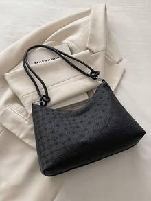 Bolsa Elegante de Cor Sólida, Bolsa de Ombro Clássica e Versátil de Moda com Relevo, Adequada para Compras, Armazenamento de Carteira, Ideal para Mulheres Jovens, Estudantes Universitários, Casais, Trabalhadores de Escritório. Perfeita para Escritório, Escola, Trabalho, Negócios. - Preto - Visão 9