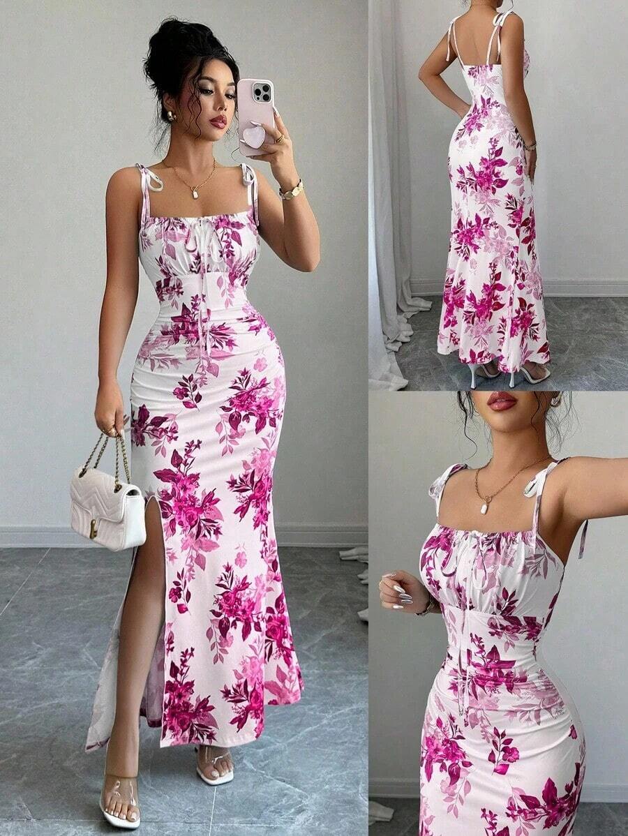 Nuevo vestido de mujer con tirantes de espagueti, lazo en la cintura, diseño de dobladillo fruncido y abertura, versátil para citas, fiestas y uso diario, favorecedora y elegante - Rosa Fucsia - Ver 1