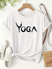 Camiseta de Mujer con Estampado de Letras YOGA, Diseño Simple y Versátil, Estilo Creativo de Primavera/Verano, Manga Corta, Corte Holgado y Estilizador para Uso Diario en Yoga, Ropa de Mujer con Temática Deportiva y Diseño Versátil, Camiseta de Algodón en Promoción Especial. Blusas Bonito 100% Algodón - Blanco - Ver 1